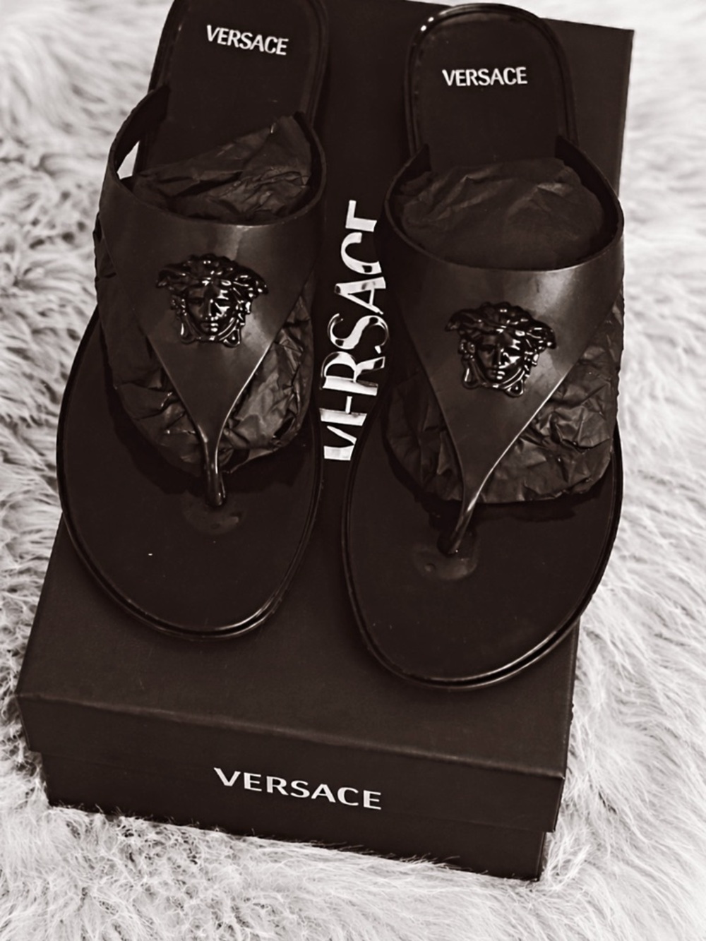 Versace Black Medusa Thong Sandals with Glossy Medallion